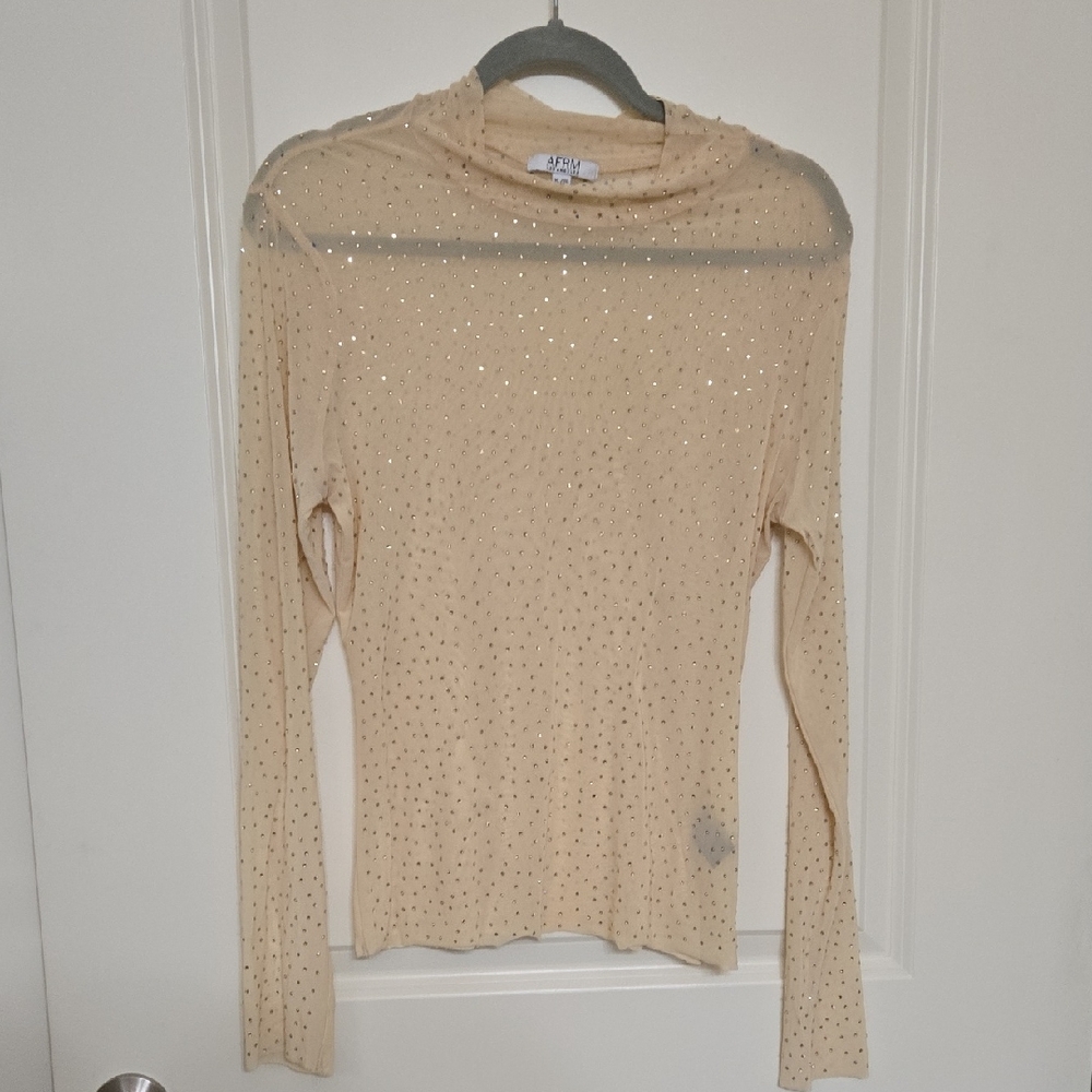 AFRM Beige Rhinestone Mesh Long Sleeve Top